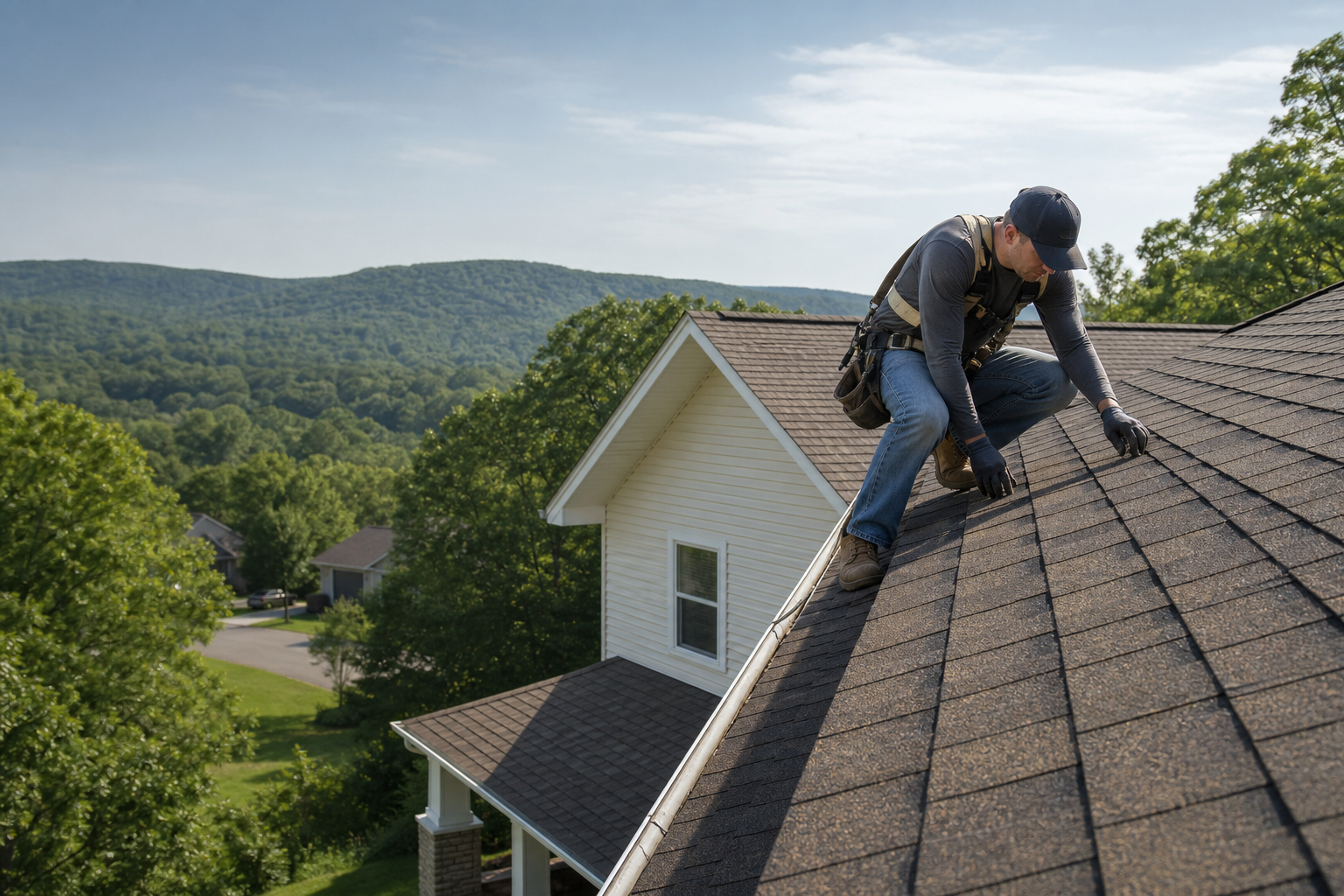 Roofer inspecting a residential roof near Mountain Home, Arkansas